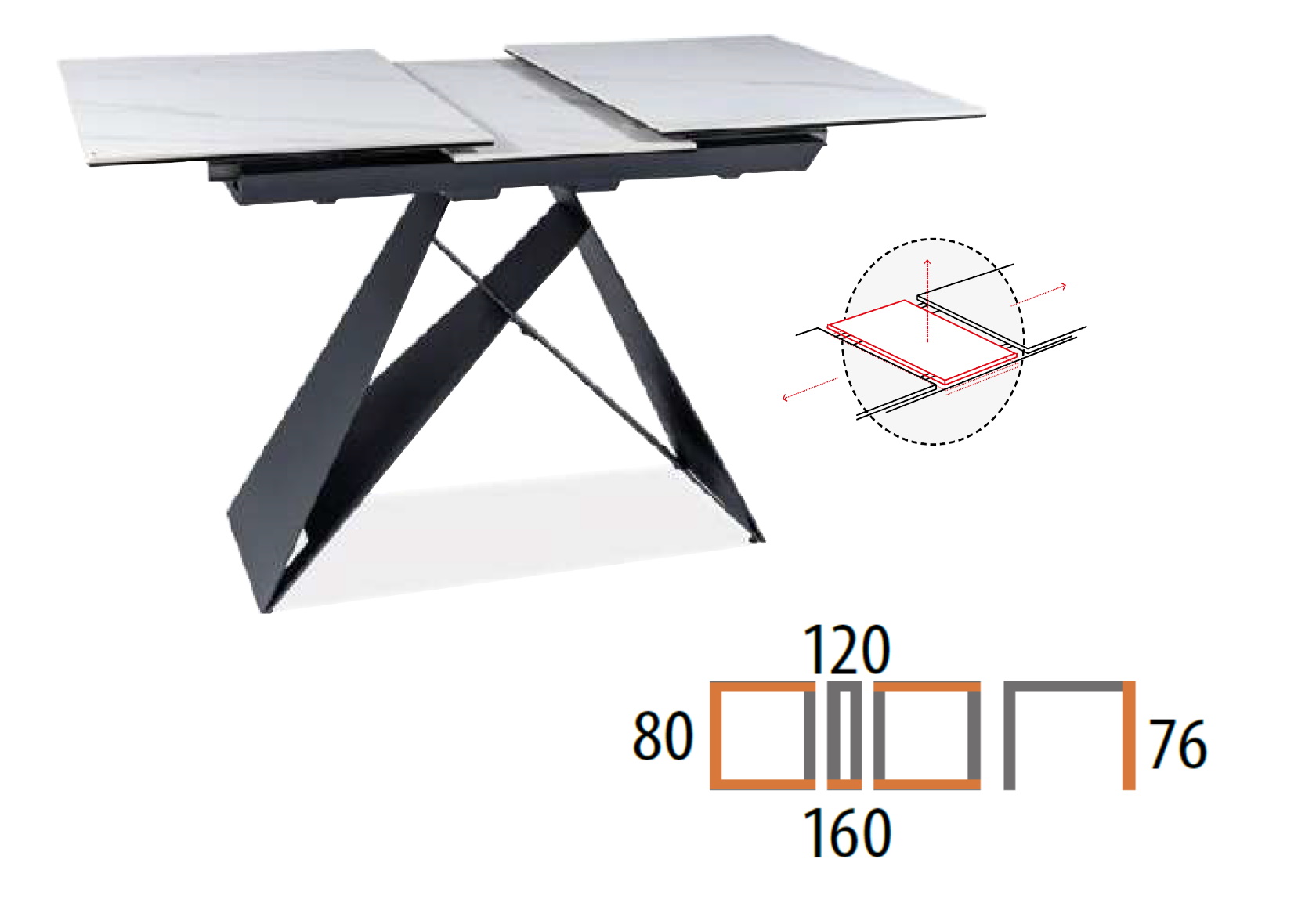 stół rozkładany, biały + czarny 120-160 cm Vagar - wymiary